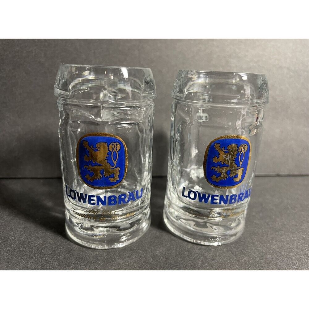 Set of 2 Vintage Lowenbrau Mini Beer Stein Mug Shot Glass Classic Lion Logo